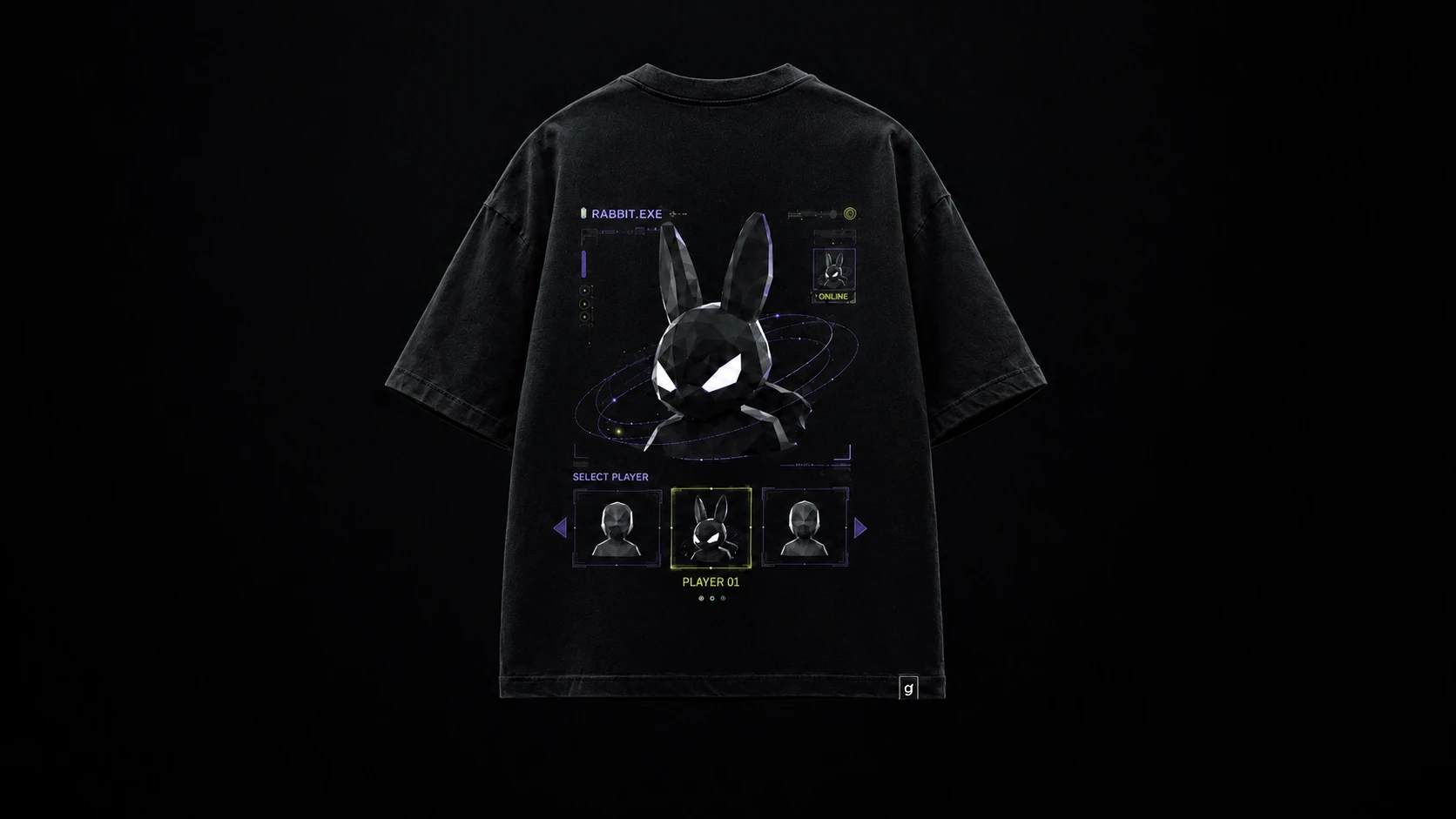 Rabbit.EXE tee, rear, suspended in black space